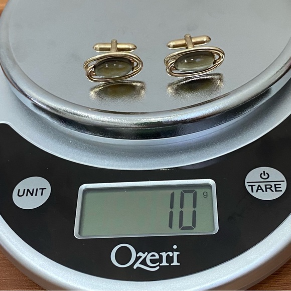 Vintage SWANK Olive Green Cats Eye Oval Gold-tone Cuff Links - Picture 9 of 12